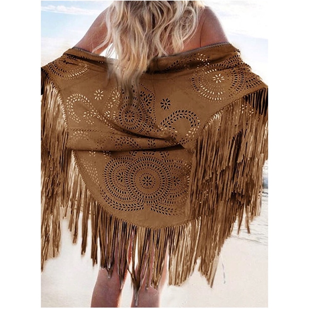 Fringed Laser-Cut Wrap Shawl - Brown